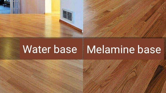 Side-by-side comparison of a water-based wood floor finish and a melamine-based wood floor finish, showing the lighter tone of the water-based film and the warmer amber tone of the melamine film